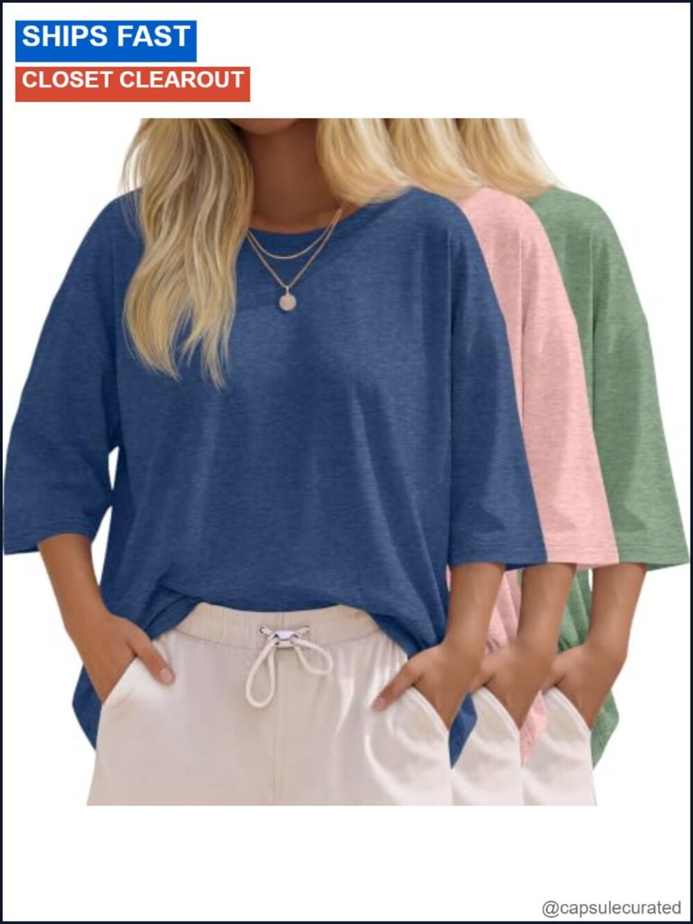 3-Pack Women's Oversized 3/4 Sleeve Crewneck Tees Cotton Spandex Stretch